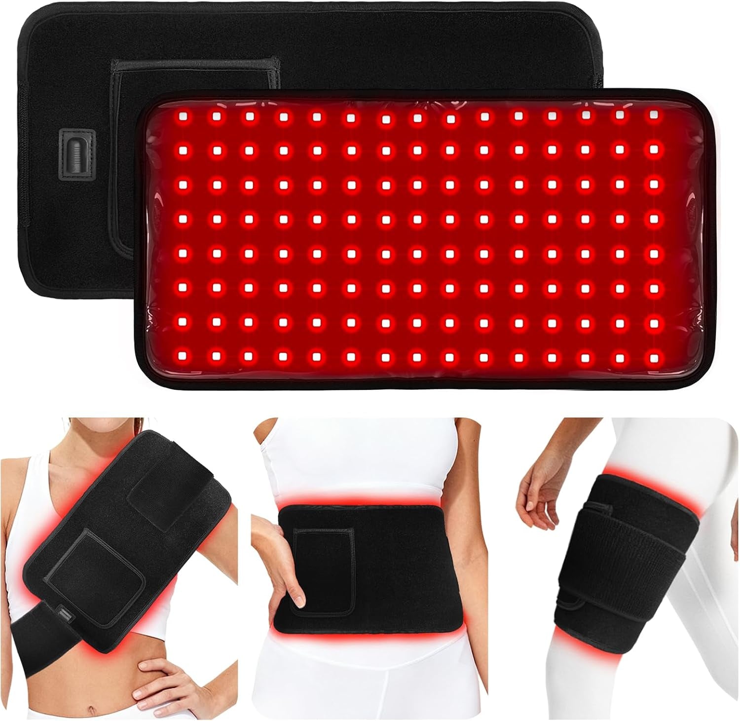 Cinturón de terapia de luz roja Dreviko encendido, con vista de la banda y usos en el cuerpo