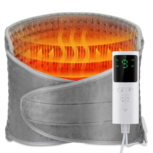 Dreviko heated waist and back belt in grey with digital controller, heat glow visible