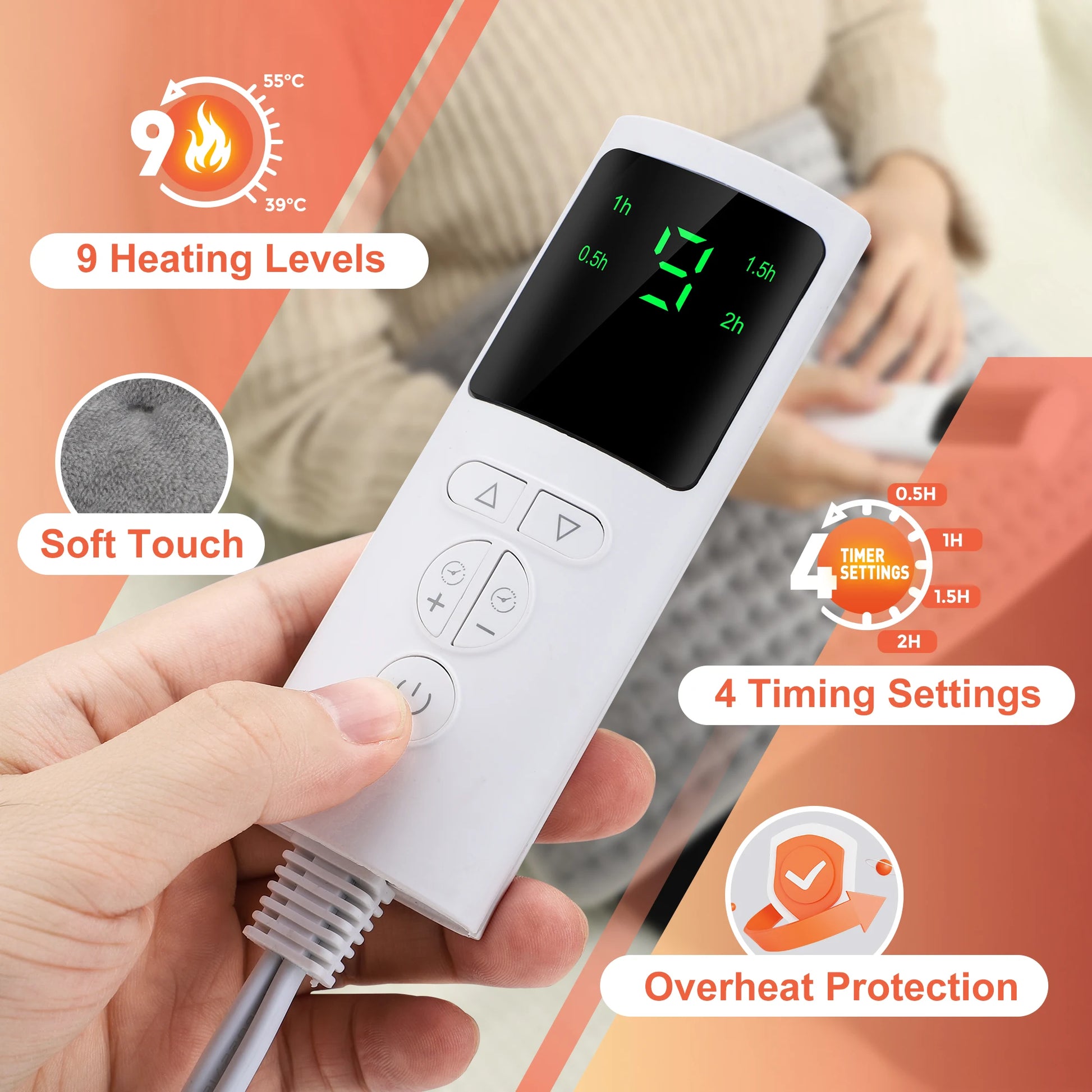 Close-up of the controller: 9 heat levels and 4 auto-off timer settings
